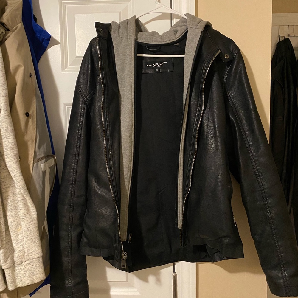 Black leather jacket with hood